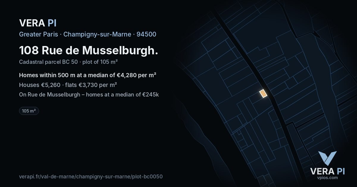 108 Rue de Musselburgh, Champigny-sur-Marne at night – the plot lit, the parcels around coloured by the prices near them