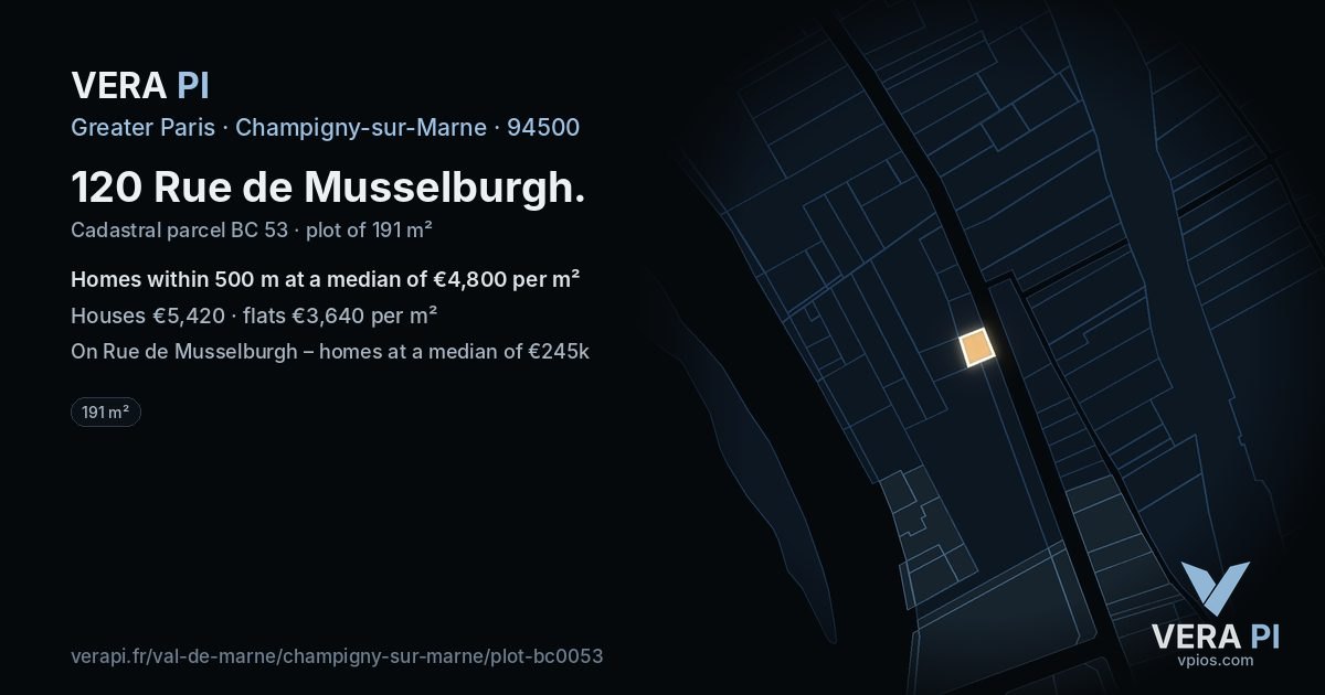 120 Rue de Musselburgh, Champigny-sur-Marne at night – the plot lit, the parcels around coloured by the prices near them