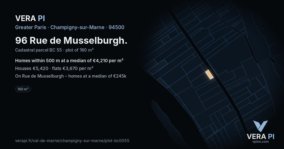 96 Rue de Musselburgh, Champigny-sur-Marne at night – the plot lit, the parcels around coloured by the prices near them