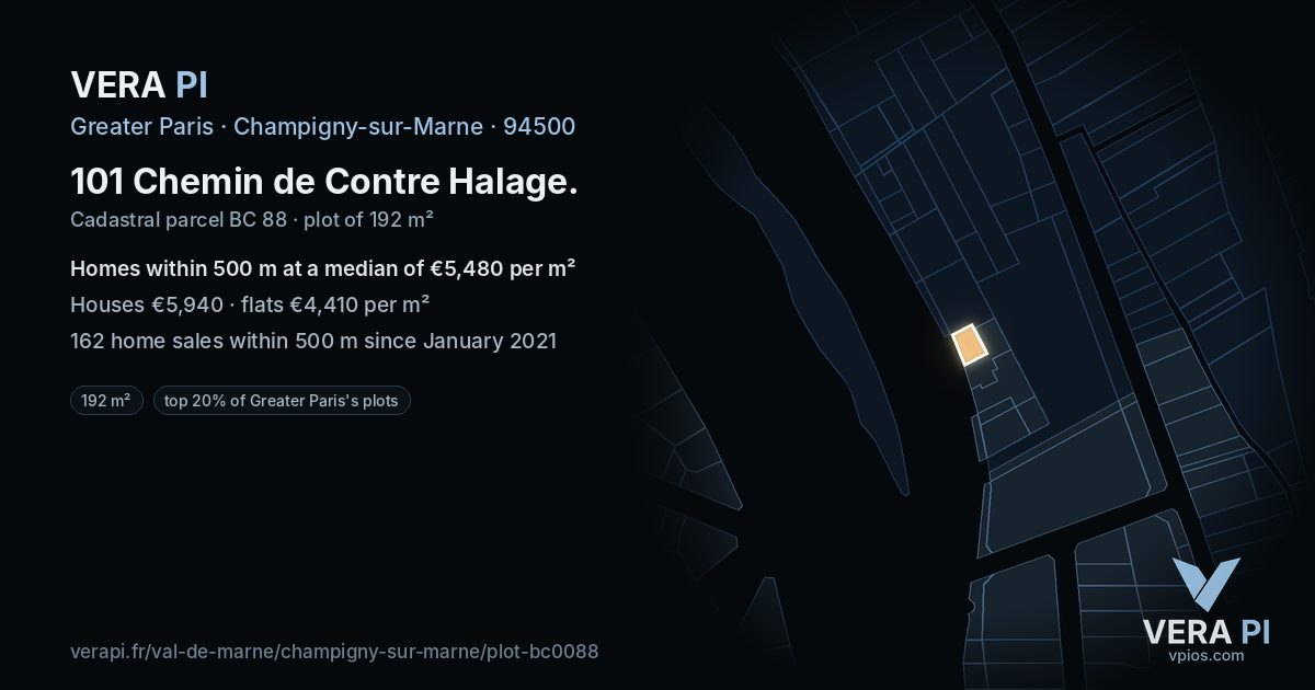 101 Chemin de Contre Halage, Champigny-sur-Marne at night – the plot lit, the parcels around coloured by the prices near them
