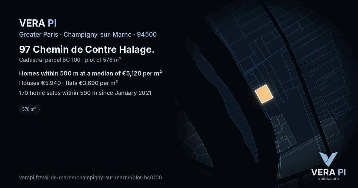 97 Chemin de Contre Halage, Champigny-sur-Marne at night – the plot lit, the parcels around coloured by the prices near them