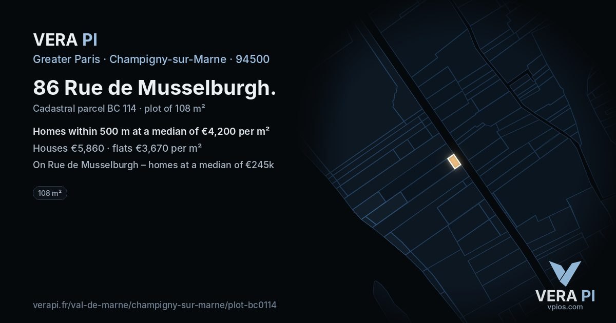 86 Rue de Musselburgh, Champigny-sur-Marne at night – the plot lit, the parcels around coloured by the prices near them