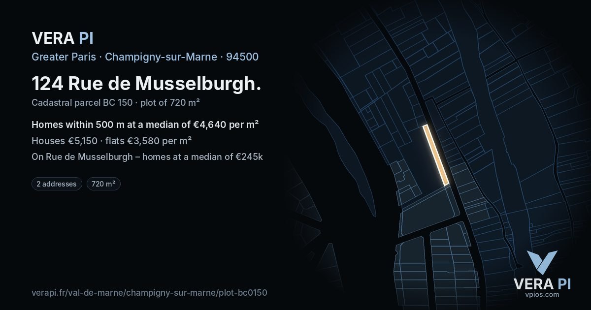 124 Rue de Musselburgh, Champigny-sur-Marne at night – the plot lit, the parcels around coloured by the prices near them