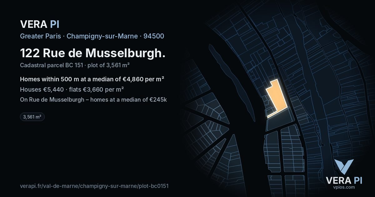 122 Rue de Musselburgh, Champigny-sur-Marne at night – the plot lit, the parcels around coloured by the prices near them