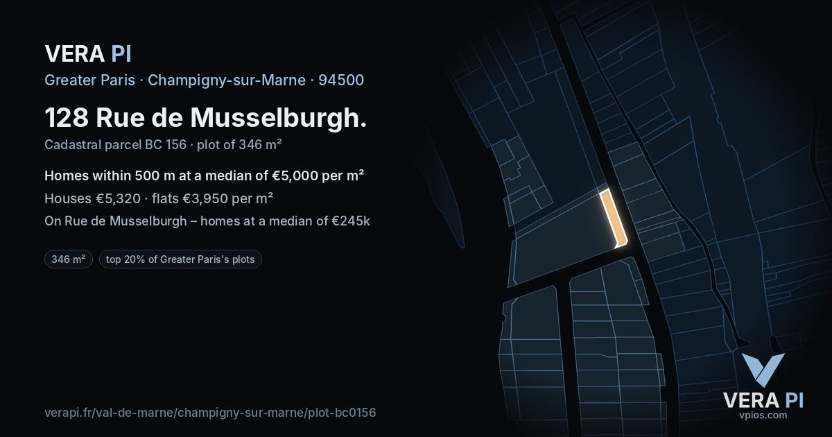 128 Rue de Musselburgh, Champigny-sur-Marne at night – the plot lit, the parcels around coloured by the prices near them