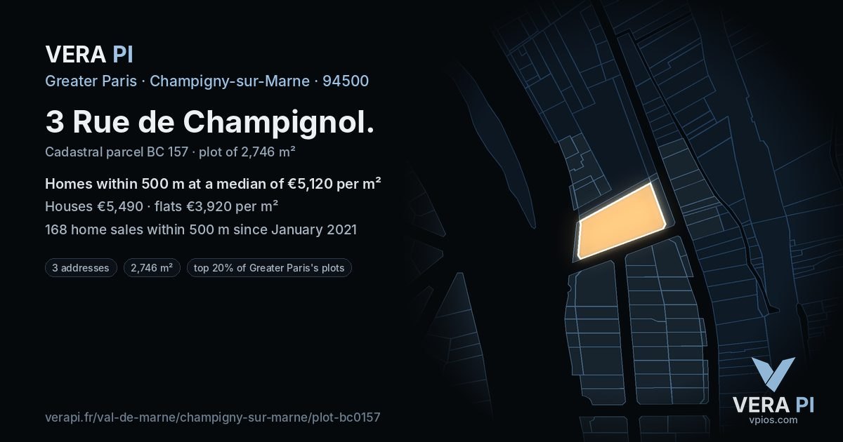 3 Rue de Champignol, Champigny-sur-Marne at night – the plot lit, the parcels around coloured by the prices near them