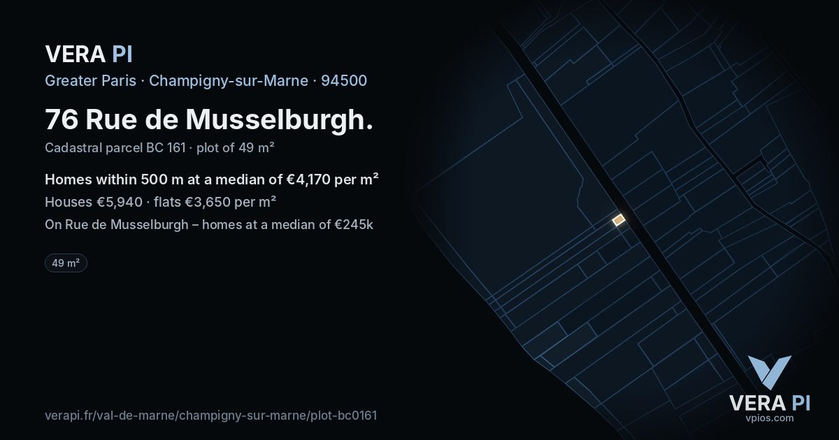 76 Rue de Musselburgh, Champigny-sur-Marne at night – the plot lit, the parcels around coloured by the prices near them