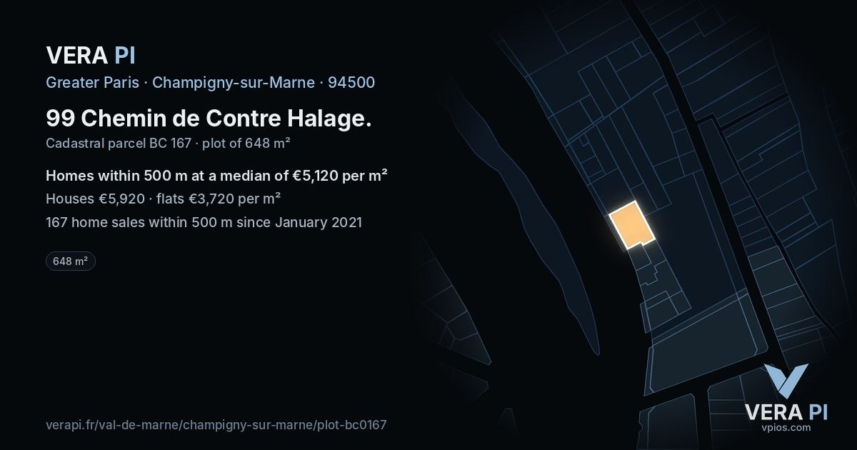 99 Chemin de Contre Halage, Champigny-sur-Marne at night – the plot lit, the parcels around coloured by the prices near them