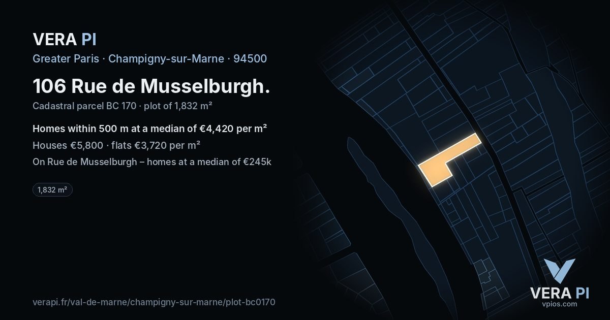 106 Rue de Musselburgh, Champigny-sur-Marne at night – the plot lit, the parcels around coloured by the prices near them