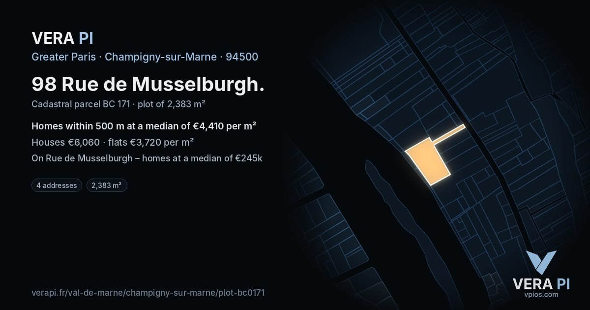 98 Rue de Musselburgh, Champigny-sur-Marne at night – the plot lit, the parcels around coloured by the prices near them