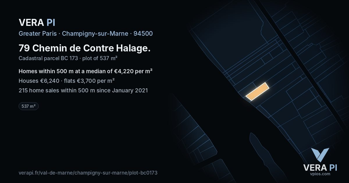 79 Chemin de Contre Halage, Champigny-sur-Marne at night – the plot lit, the parcels around coloured by the prices near them