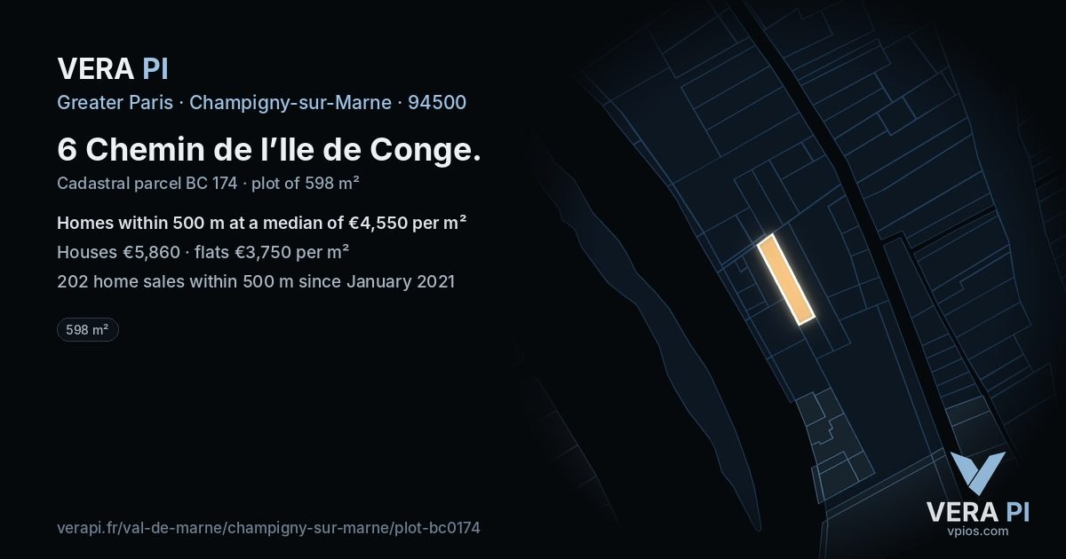 6 Chemin de l’Ile de Conge, Champigny-sur-Marne at night – the plot lit, the parcels around coloured by the prices near them