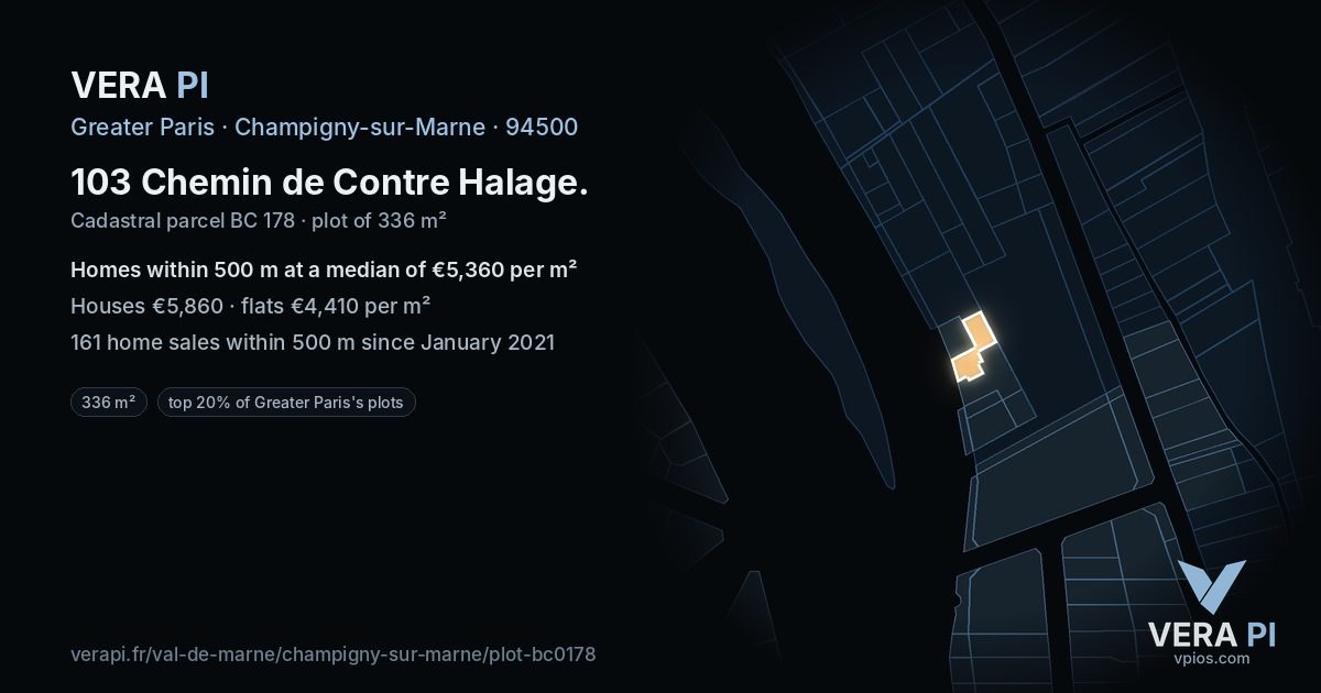 103 Chemin de Contre Halage, Champigny-sur-Marne at night – the plot lit, the parcels around coloured by the prices near them