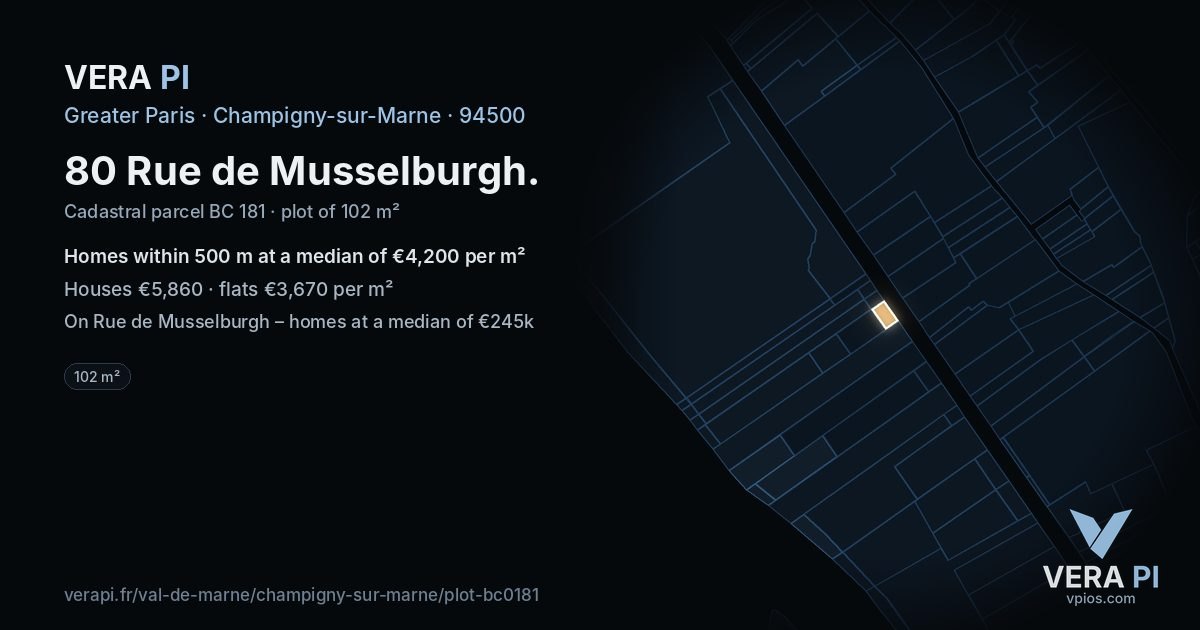 80 Rue de Musselburgh, Champigny-sur-Marne at night – the plot lit, the parcels around coloured by the prices near them