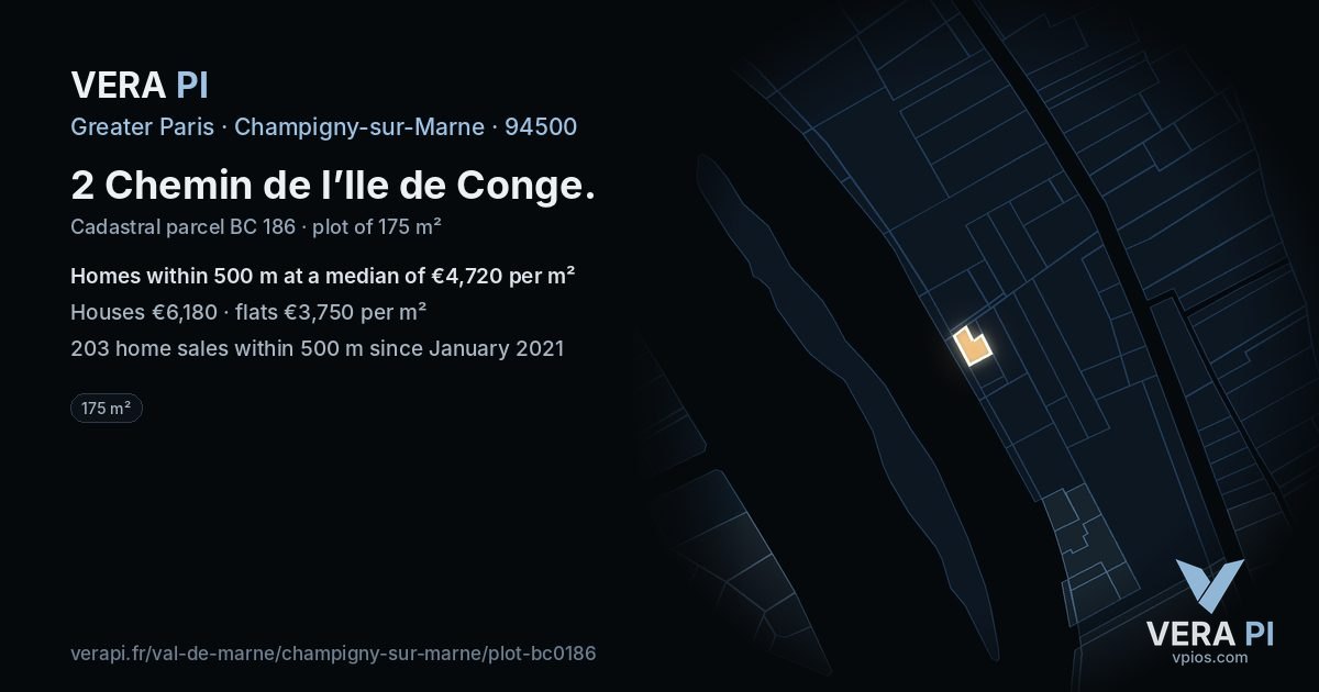 2 Chemin de l’Ile de Conge, Champigny-sur-Marne at night – the plot lit, the parcels around coloured by the prices near them