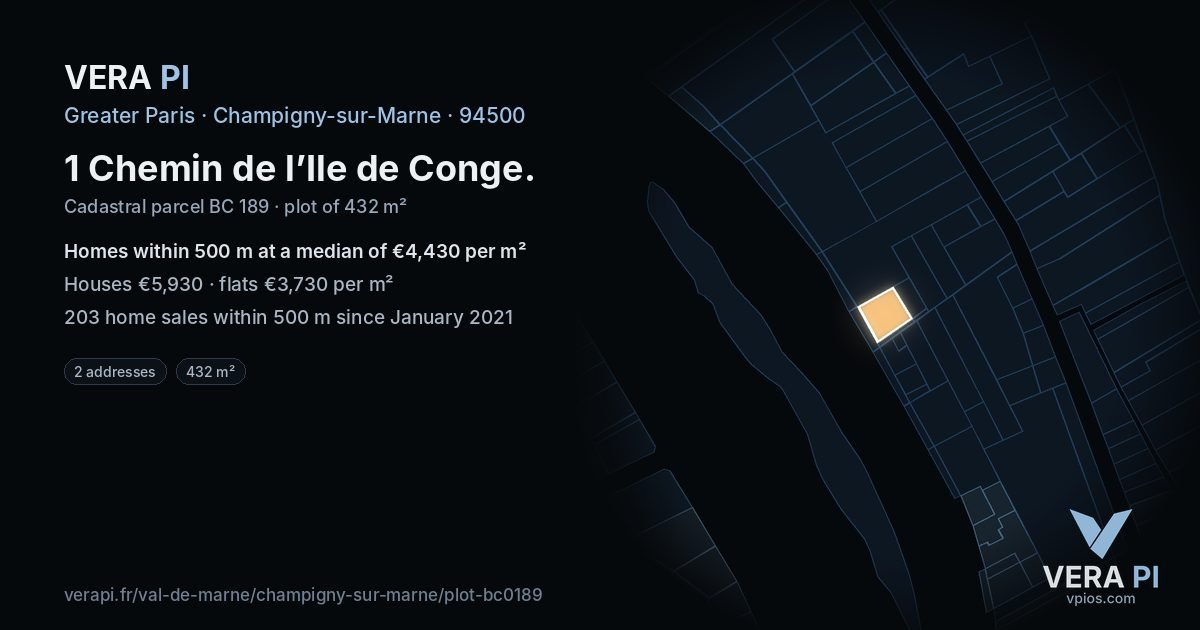 1 Chemin de l’Ile de Conge, Champigny-sur-Marne at night – the plot lit, the parcels around coloured by the prices near them
