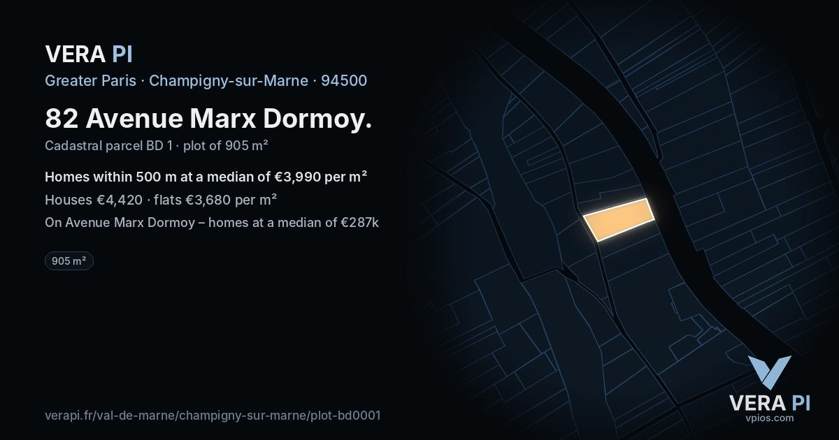 82 Avenue Marx Dormoy, Champigny-sur-Marne at night – the plot lit, the parcels around coloured by the prices near them
