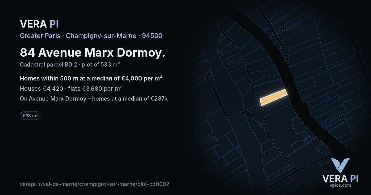 84 Avenue Marx Dormoy, Champigny-sur-Marne at night – the plot lit, the parcels around coloured by the prices near them
