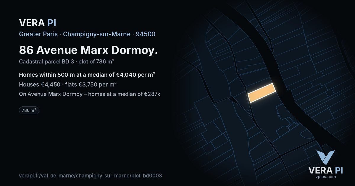 86 Avenue Marx Dormoy, Champigny-sur-Marne at night – the plot lit, the parcels around coloured by the prices near them
