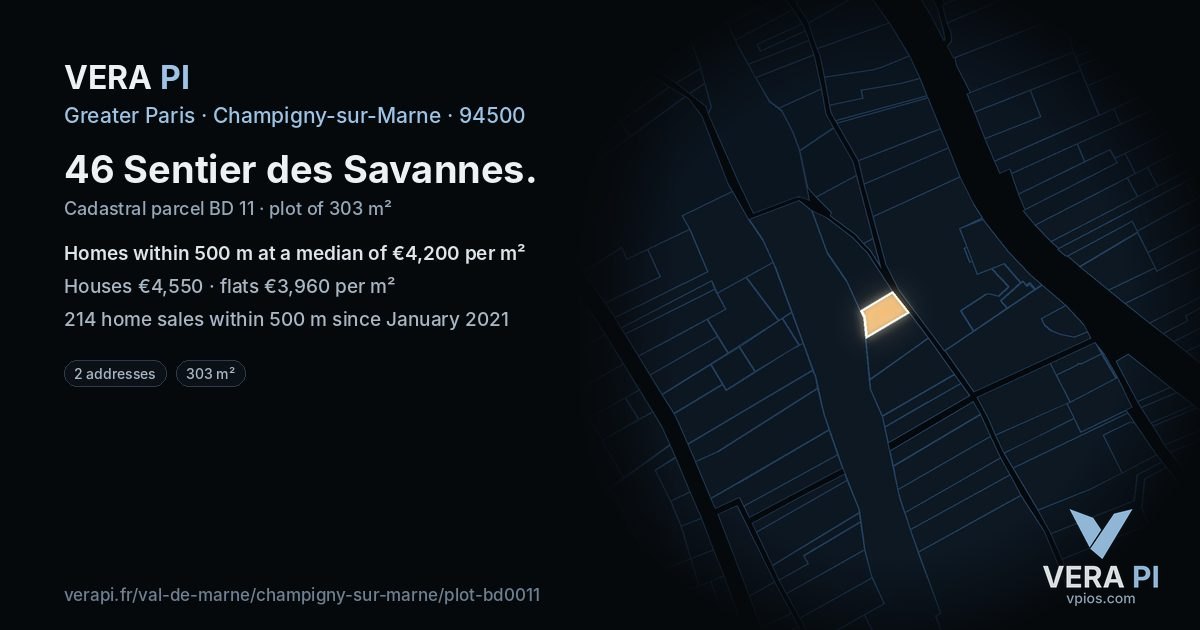 46 Sentier des Savannes, Champigny-sur-Marne at night – the plot lit, the parcels around coloured by the prices near them