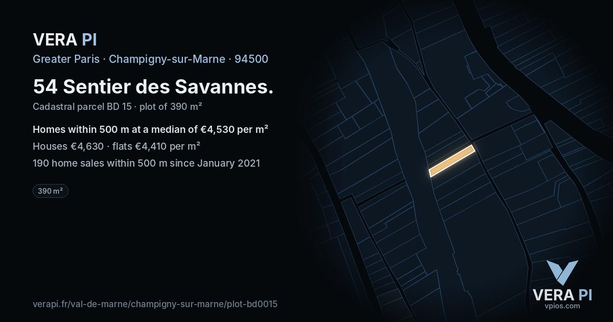 54 Sentier des Savannes, Champigny-sur-Marne at night – the plot lit, the parcels around coloured by the prices near them