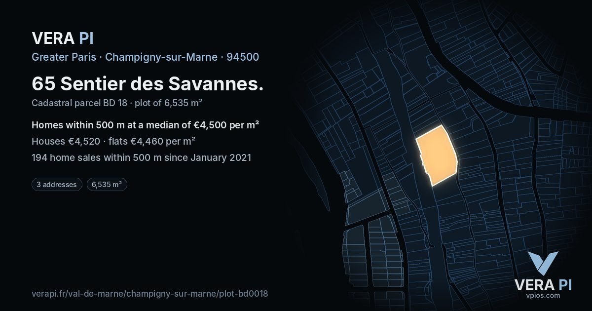 65 Sentier des Savannes, Champigny-sur-Marne at night – the plot lit, the parcels around coloured by the prices near them