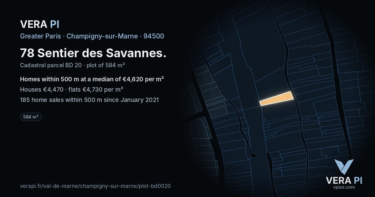 78 Sentier des Savannes, Champigny-sur-Marne at night – the plot lit, the parcels around coloured by the prices near them