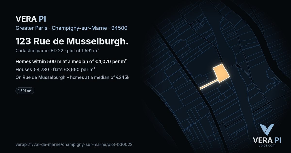 123 Rue de Musselburgh, Champigny-sur-Marne at night – the plot lit, the parcels around coloured by the prices near them