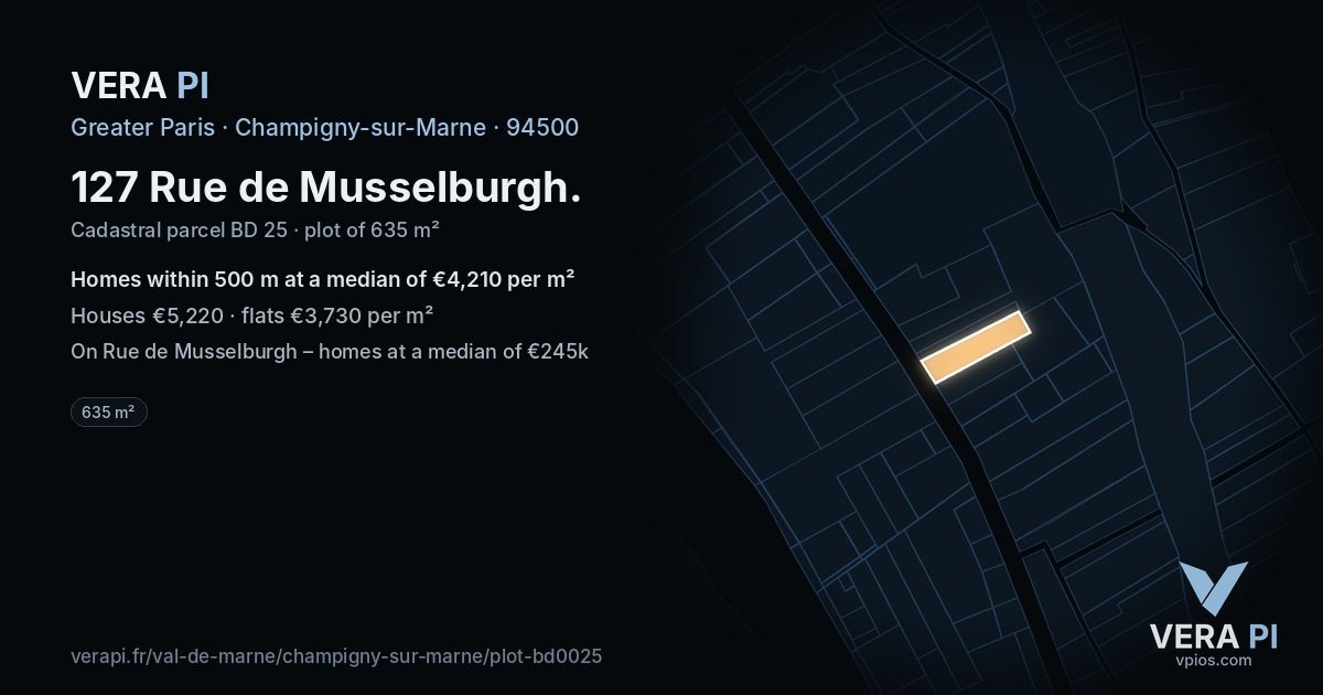 127 Rue de Musselburgh, Champigny-sur-Marne at night – the plot lit, the parcels around coloured by the prices near them