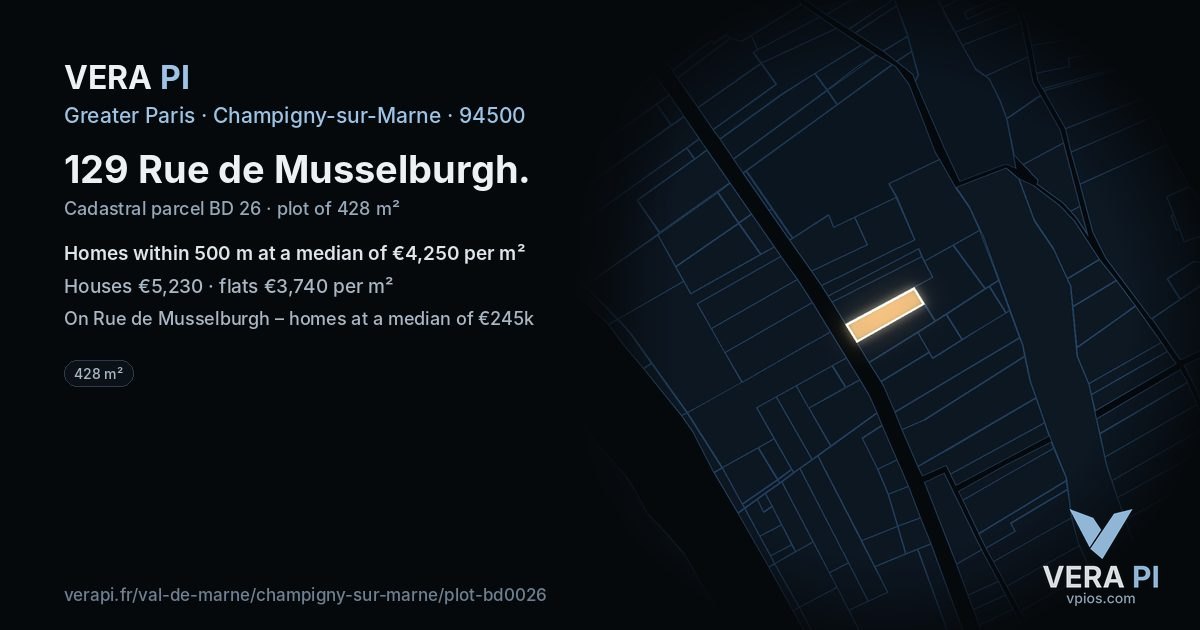 129 Rue de Musselburgh, Champigny-sur-Marne at night – the plot lit, the parcels around coloured by the prices near them