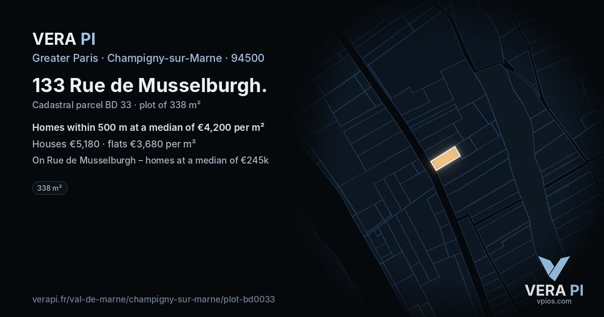 133 Rue de Musselburgh, Champigny-sur-Marne at night – the plot lit, the parcels around coloured by the prices near them