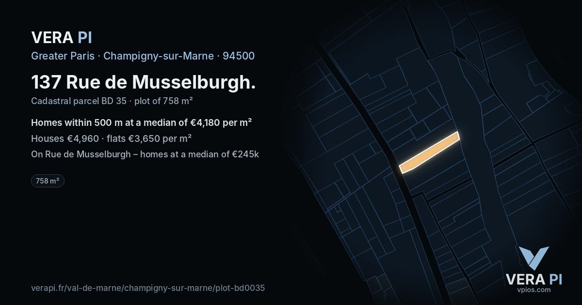137 Rue de Musselburgh, Champigny-sur-Marne at night – the plot lit, the parcels around coloured by the prices near them