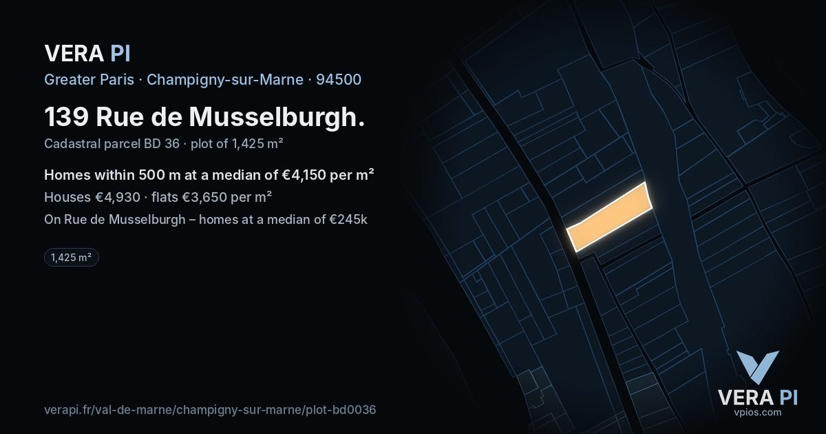 139 Rue de Musselburgh, Champigny-sur-Marne at night – the plot lit, the parcels around coloured by the prices near them