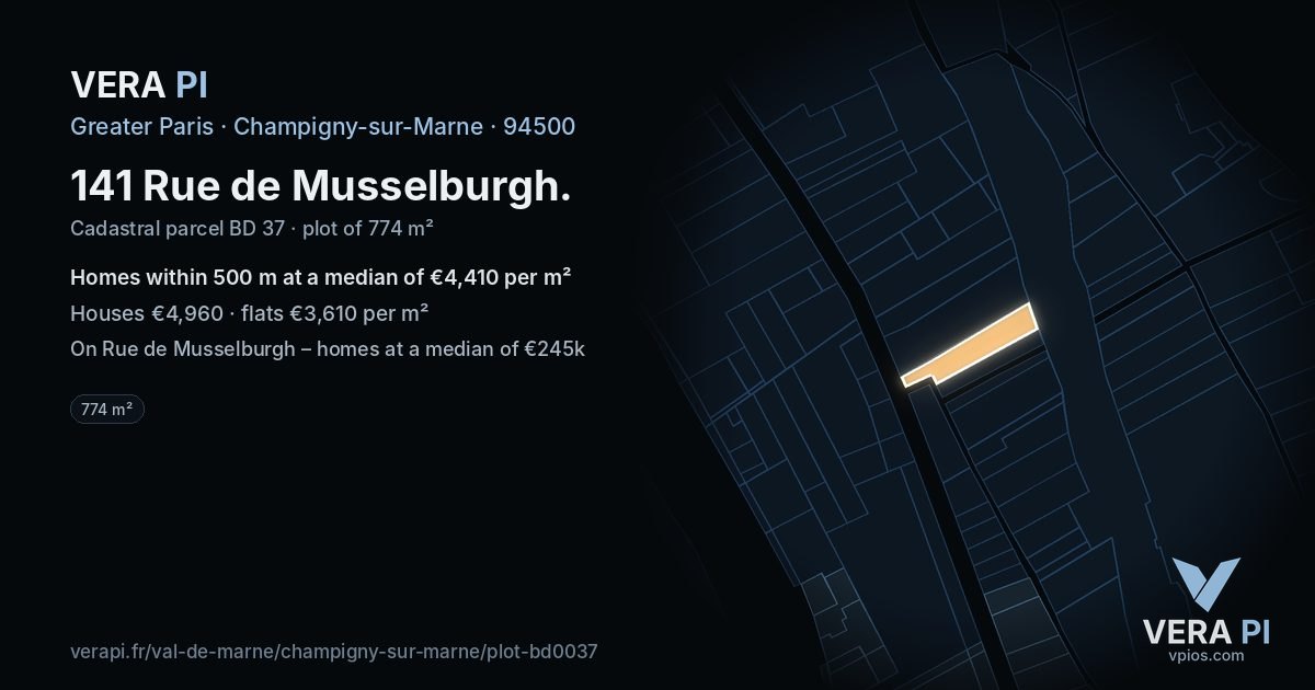 141 Rue de Musselburgh, Champigny-sur-Marne at night – the plot lit, the parcels around coloured by the prices near them
