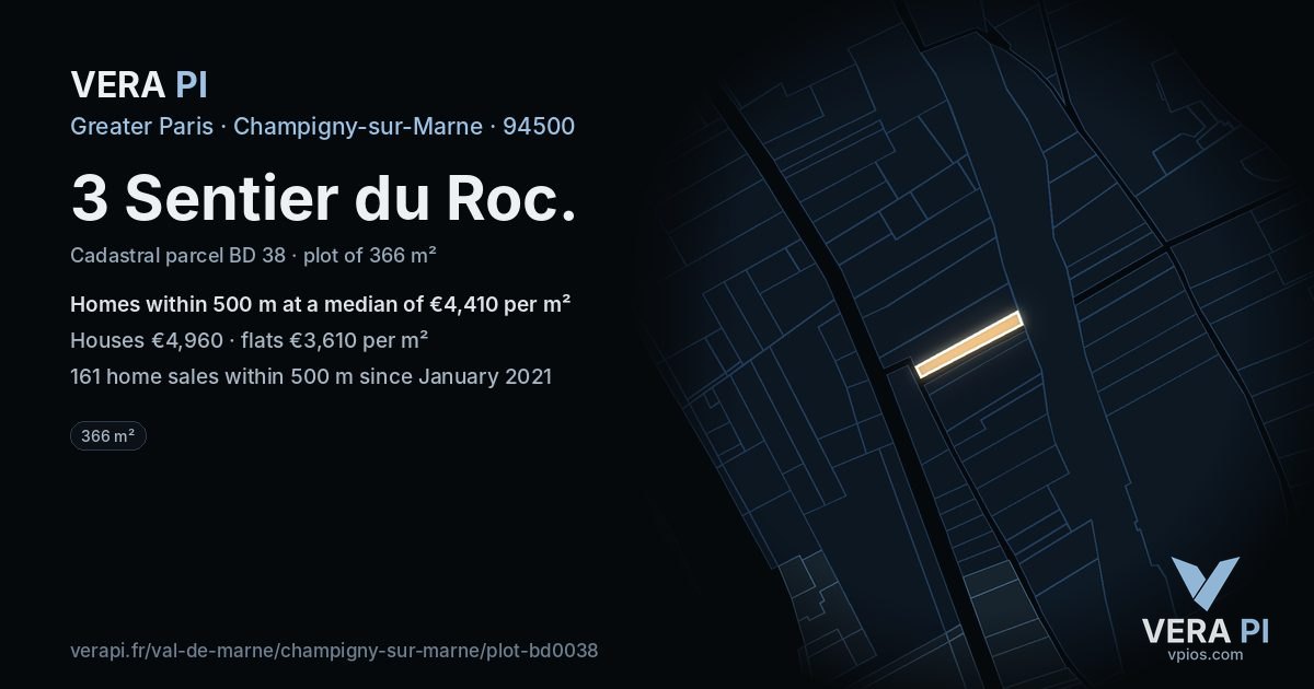 3 Sentier du Roc, Champigny-sur-Marne at night – the plot lit, the parcels around coloured by the prices near them