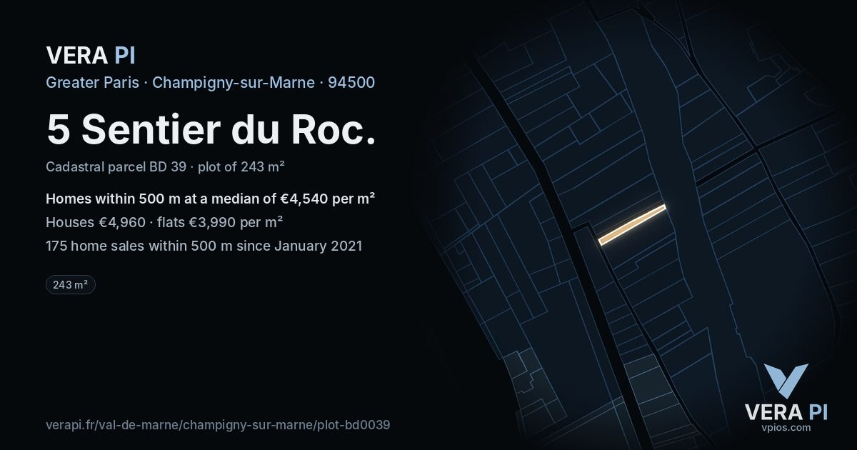 5 Sentier du Roc, Champigny-sur-Marne at night – the plot lit, the parcels around coloured by the prices near them