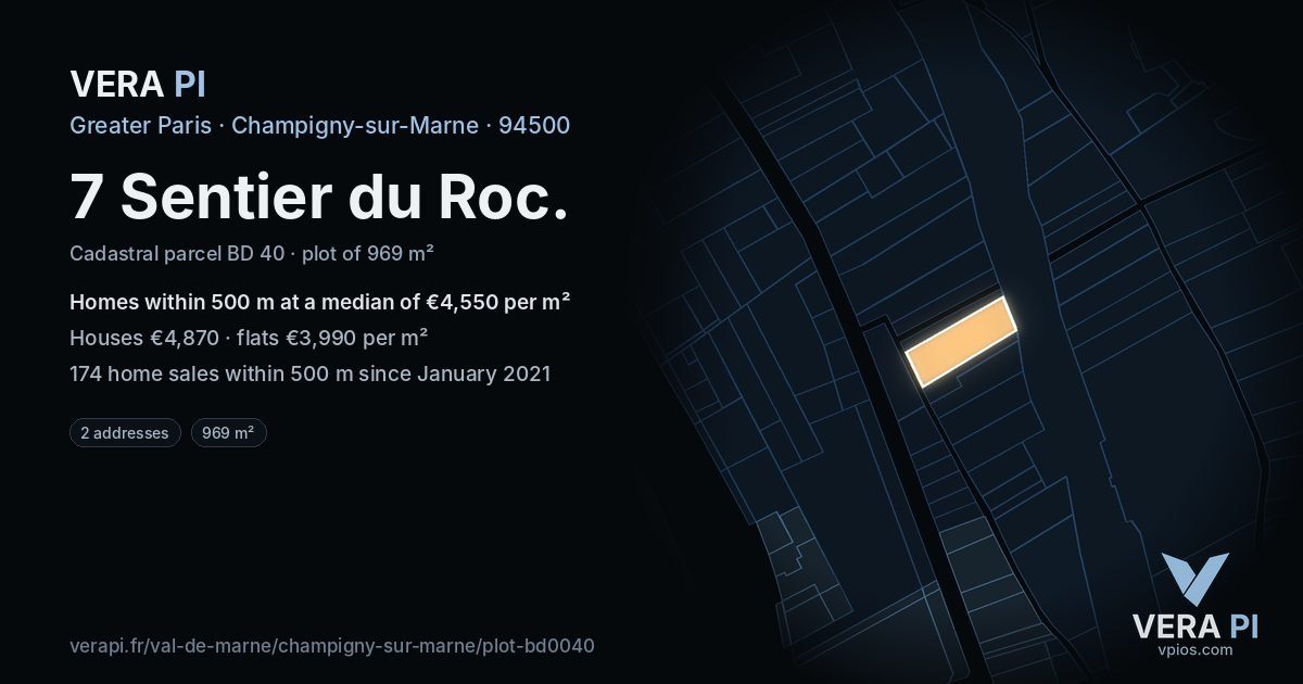 7 Sentier du Roc, Champigny-sur-Marne at night – the plot lit, the parcels around coloured by the prices near them