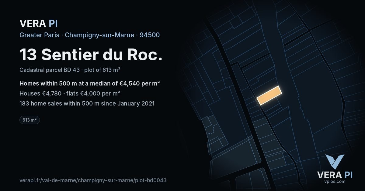 13 Sentier du Roc, Champigny-sur-Marne at night – the plot lit, the parcels around coloured by the prices near them