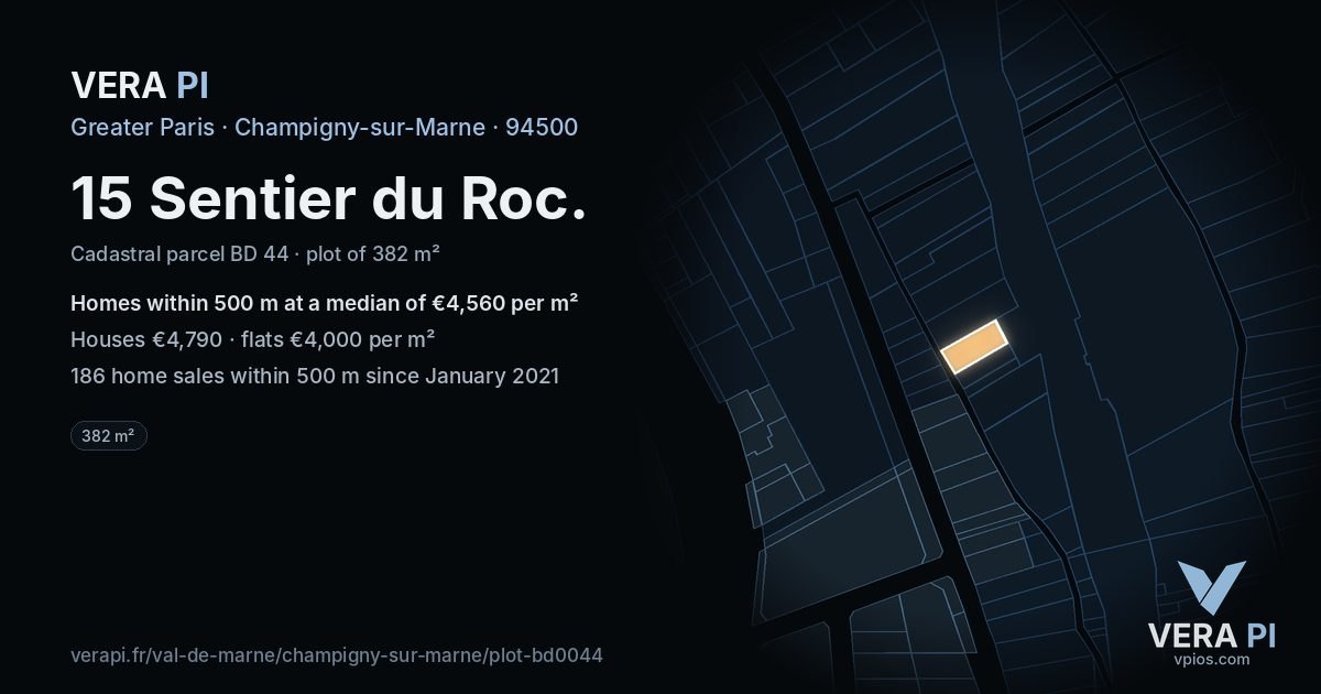15 Sentier du Roc, Champigny-sur-Marne at night – the plot lit, the parcels around coloured by the prices near them