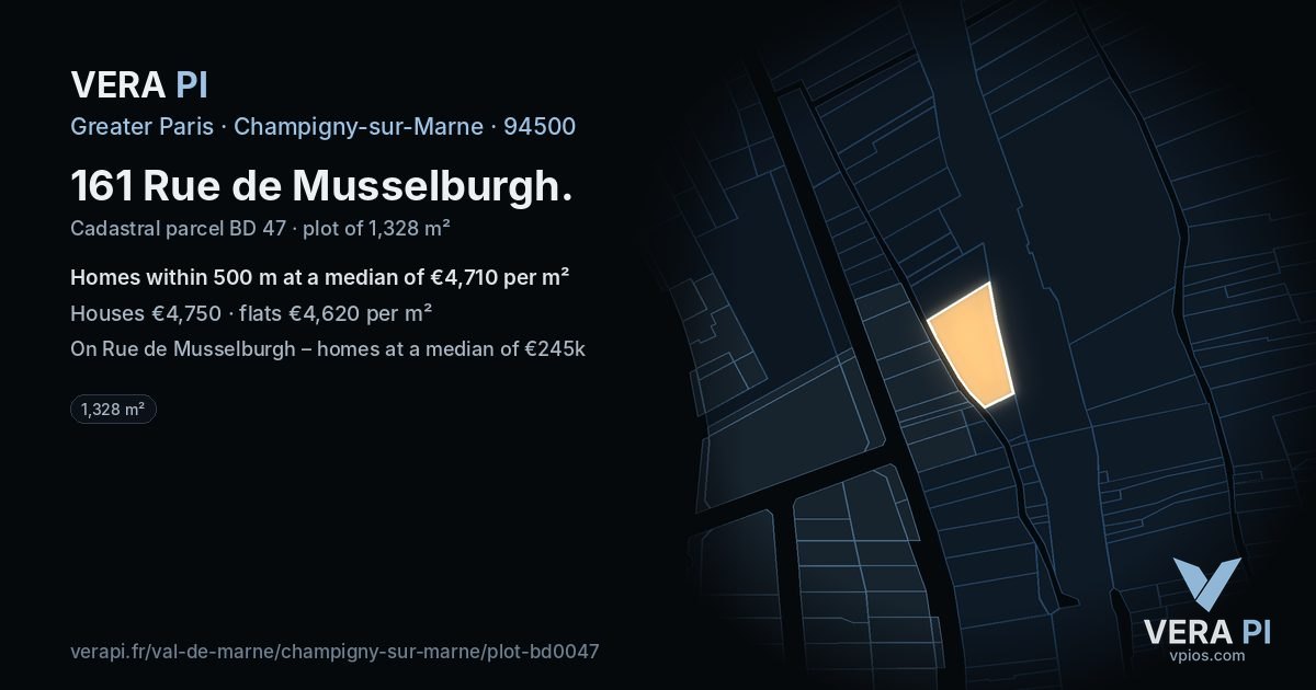 161 Rue de Musselburgh, Champigny-sur-Marne at night – the plot lit, the parcels around coloured by the prices near them