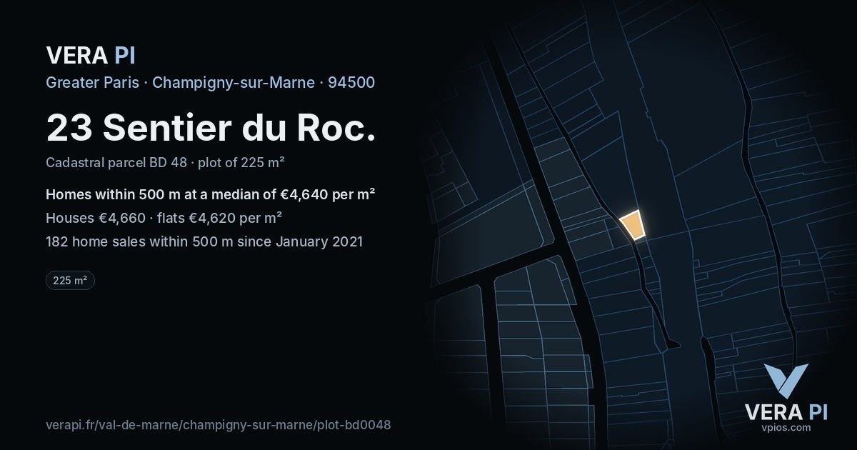 23 Sentier du Roc, Champigny-sur-Marne at night – the plot lit, the parcels around coloured by the prices near them