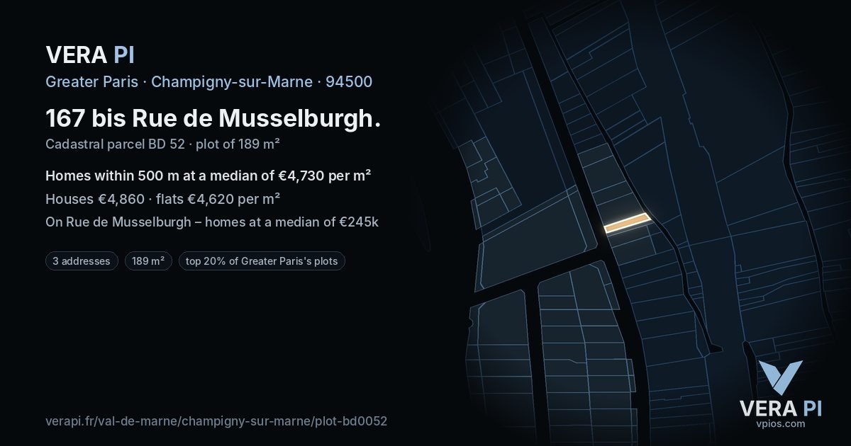 167 bis Rue de Musselburgh, Champigny-sur-Marne at night – the plot lit, the parcels around coloured by the prices near them