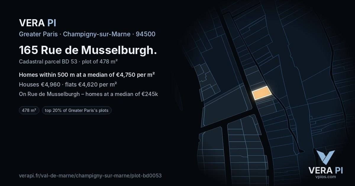 165 Rue de Musselburgh, Champigny-sur-Marne at night – the plot lit, the parcels around coloured by the prices near them