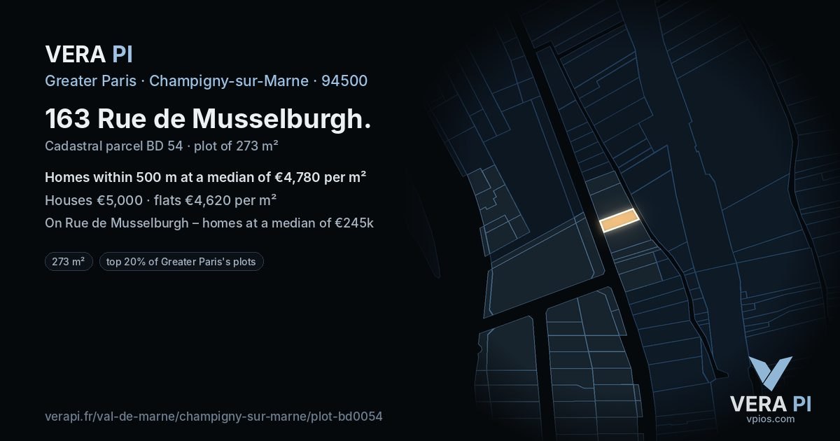 163 Rue de Musselburgh, Champigny-sur-Marne at night – the plot lit, the parcels around coloured by the prices near them