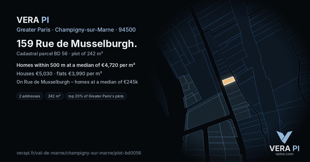 159 Rue de Musselburgh, Champigny-sur-Marne at night – the plot lit, the parcels around coloured by the prices near them