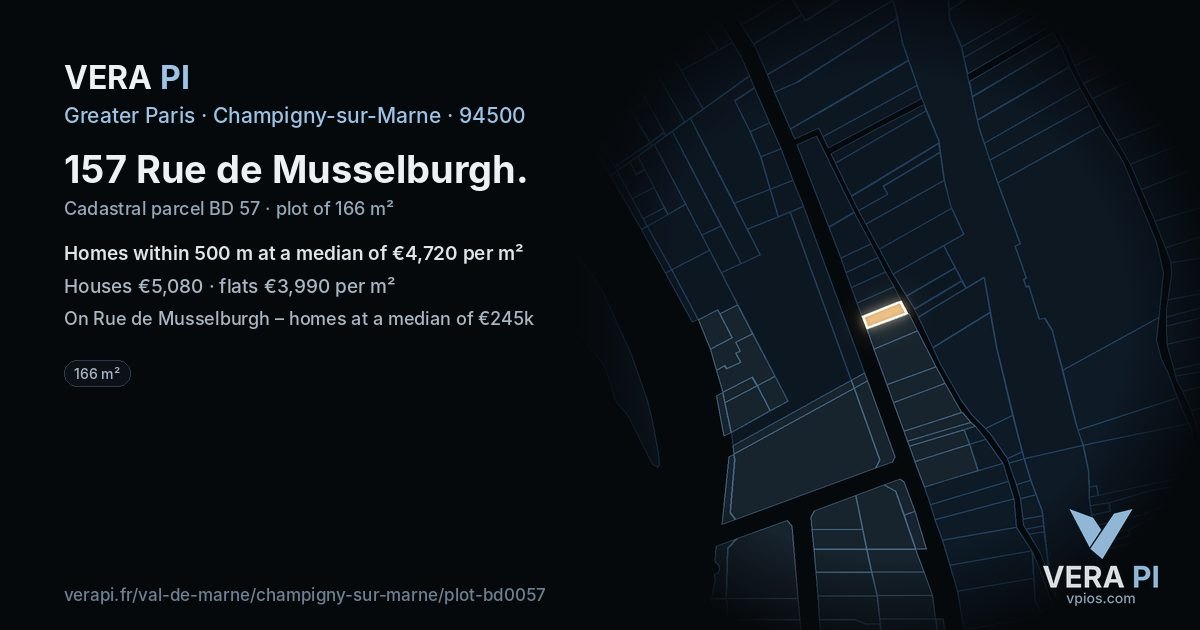 157 Rue de Musselburgh, Champigny-sur-Marne at night – the plot lit, the parcels around coloured by the prices near them