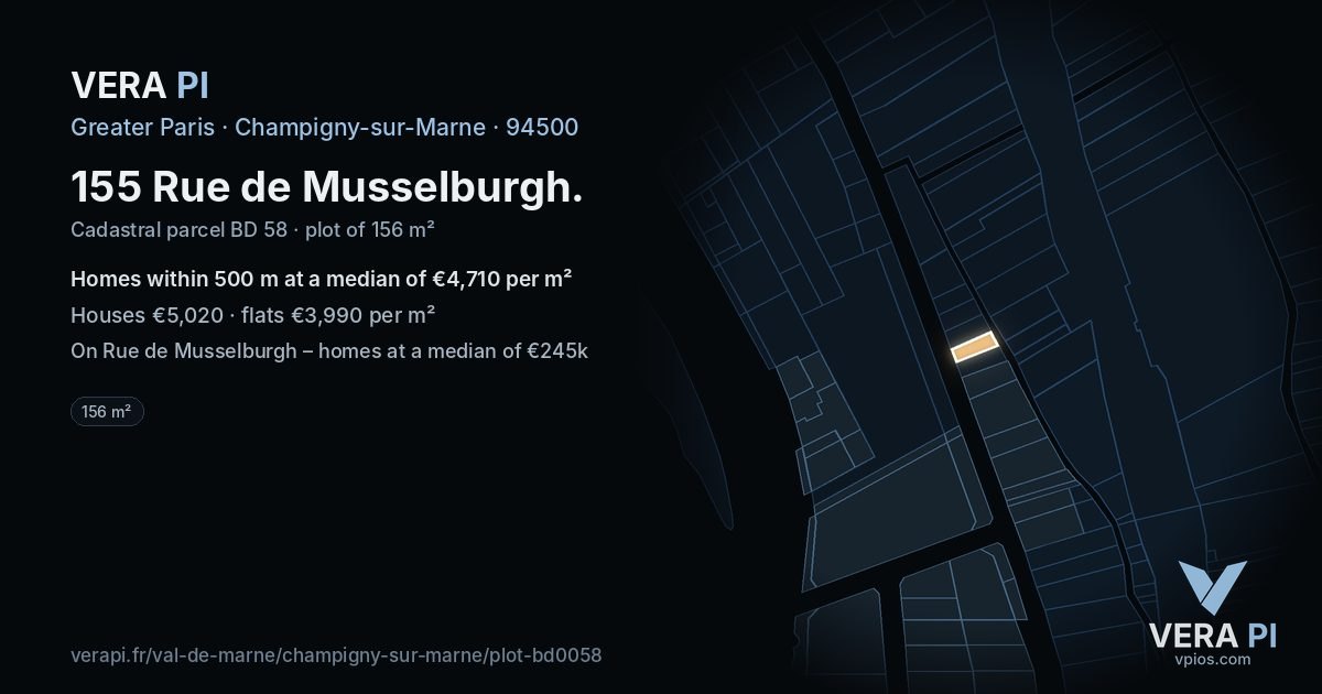 155 Rue de Musselburgh, Champigny-sur-Marne at night – the plot lit, the parcels around coloured by the prices near them