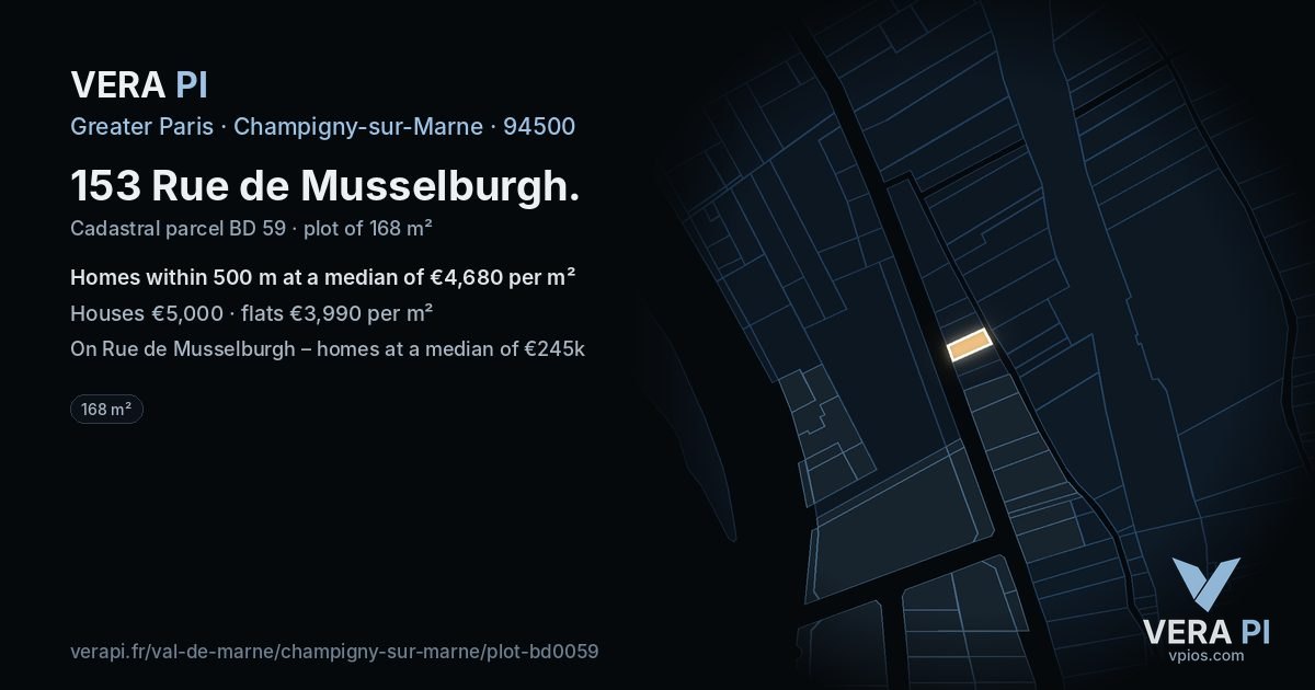 153 Rue de Musselburgh, Champigny-sur-Marne at night – the plot lit, the parcels around coloured by the prices near them