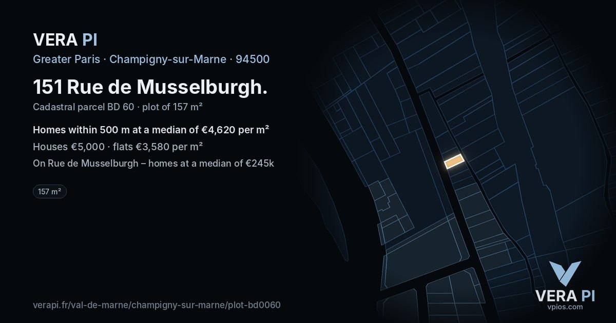 151 Rue de Musselburgh, Champigny-sur-Marne at night – the plot lit, the parcels around coloured by the prices near them