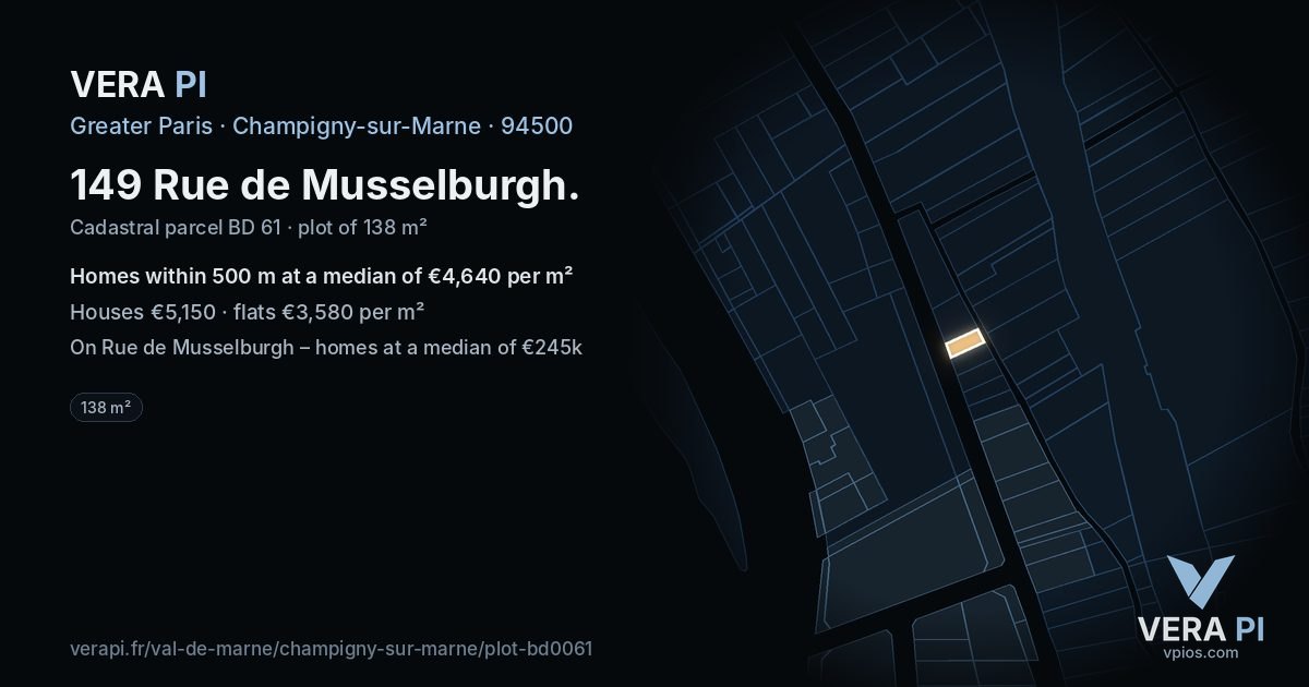 149 Rue de Musselburgh, Champigny-sur-Marne at night – the plot lit, the parcels around coloured by the prices near them